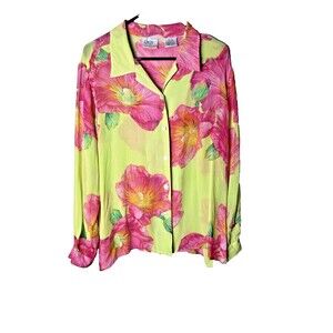 Vintage Jane Seymour Signature Multicolor Floral 100% Silk Blouse Size Medium